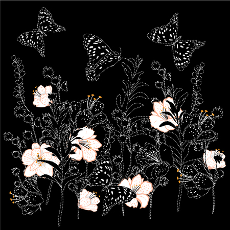 Floral with spring flowers, Vector vintage botanical illustration. Black and white on dash or embroidery with flying butterfliesのイラスト素材
