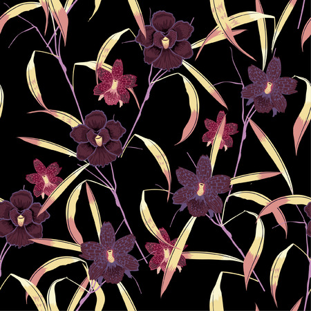 Dark Floral seamless pattern blooming hand drawing flowers Botanical Seamless vector texture. For fashion prints. Printing with in hand drawn style on blackのイラスト素材