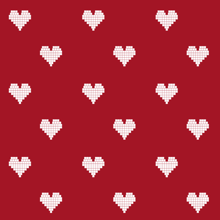 Red and white pixelated hearts digital background vector seamless pattern on red background.のイラスト素材