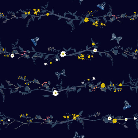 Vintage seamless pattern in small flowers. Millefleurs. Floral sweet seamless striped background for textile, cotton fabric, covers, wallpapers, print, gift wrap and scrapbooking on dark navy blue backgroundのイラスト素材