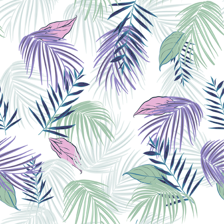 Hawaii print vector seamless beautiful artistic Bright summer tropical pattern with exotic forest. Colorful original stylish floral mix with leaves background , lilac purple colors on whiteのイラスト素材