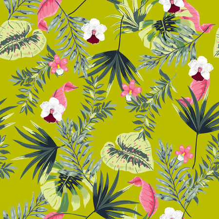 Trendy vector seamless beautiful tropical pattern with exotic forest. Colorful original stylish floral background print, bright rainbow colors on light grrenのイラスト素材
