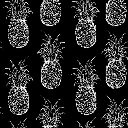 Exotic seamless pattern with silhouettes tropical fruit outline white pineapples. Hand drawn repeating background. Abstract print texture. Cloth art design on blackのイラスト素材