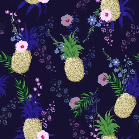 Beautiful and trendy Summer seamless vector floral print pattern in trendy colorful style, exotic tropical plants and palm leaves fruit pineapple on navy blue background.のイラスト素材