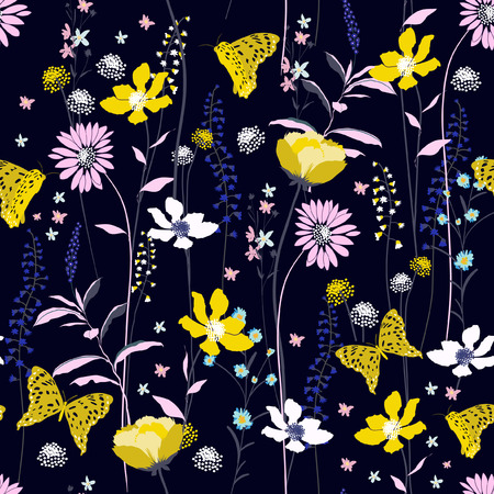 Beautiful dark night  Seamless Pattern colorful wind blow flowers,  Isolated on navy blue color. Botanical Floral Decoration Texture. Vintage Style Design for Fabric Print, Wallpaper Background.のイラスト素材