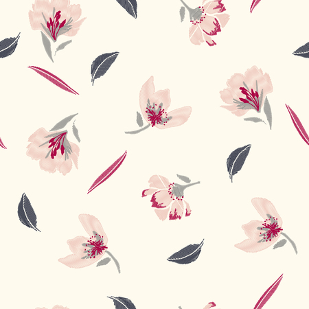 Sweet and  beautifu pasterl l Embroidery flowers, spring seamless pattern. Classical blooming embroidery leaves, spring florals, seamless pattern. Fashionable template for design of clothes, t-shirt design on light pink  backgroundのイラスト素材