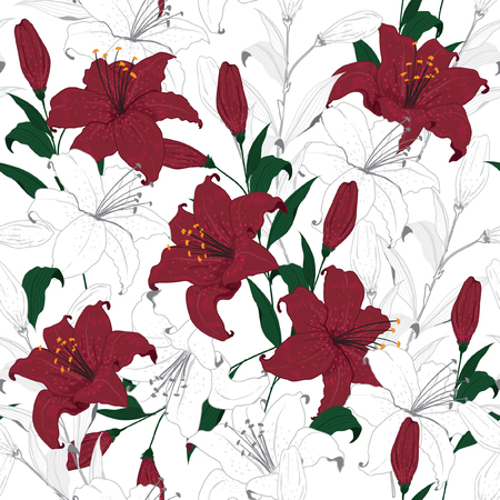 Beautiful outline floral pattern red lily flowers. Botanical Motifs scattered random seamless vector texture for fashion prints.のイラスト素材