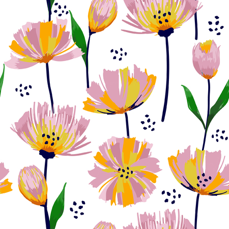 Painted flowers seamless vector Abstract pattern with isolated hand drawn floral on white background.のイラスト素材