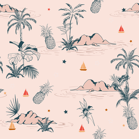 Sweet vintage summer island tropical seamless pattern on pink background for fashion fabric and all prints,wallpaperのイラスト素材