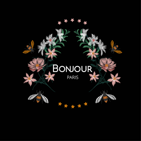 Bumble Bee and flower with Bonjour Paris text embroidery vector designのイラスト素材