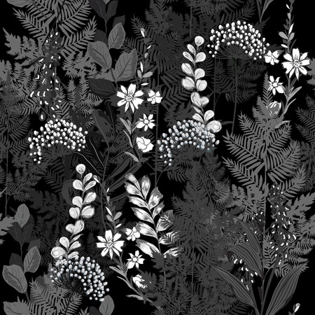 Monotone black and white  Floral pattern in the many kind of flowers. Tropical botanical . Seamless vector texture.for fashion prints. Printing with in hand drawn style on black  background.のイラスト素材