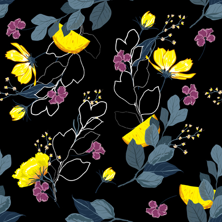 Trendy dark summer night floral pattern.のイラスト素材
