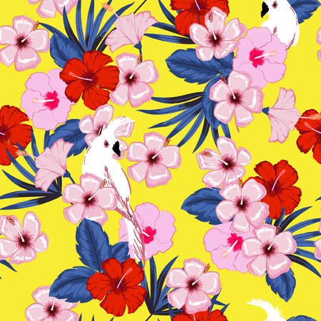 Fresh summer floral pattern on vivid yellow background.のイラスト素材