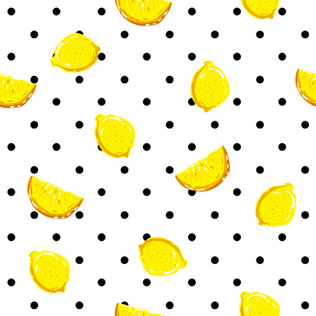 A Seamless fresh lemon pattern with colorful summer on polka dots .vector background.Textile texture on white background.のイラスト素材