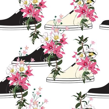 A blooming beautiful pink flowers in sneakers  used as pots decoratingin seamless pattern vector on white blackground.のイラスト素材