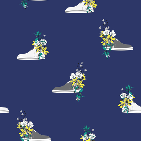 Yellow flowers  in multicolored sneakers  used as pots decoratingin seamless pattern vector on summer fresh blue blackground.のイラスト素材