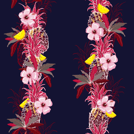 Beautiful Summer dark tropical fruits in stripe line with pineapple outline, palm tree ,leaves and hisbiscus flowesr in seamless pattern vector on navy blue backgroundのイラスト素材