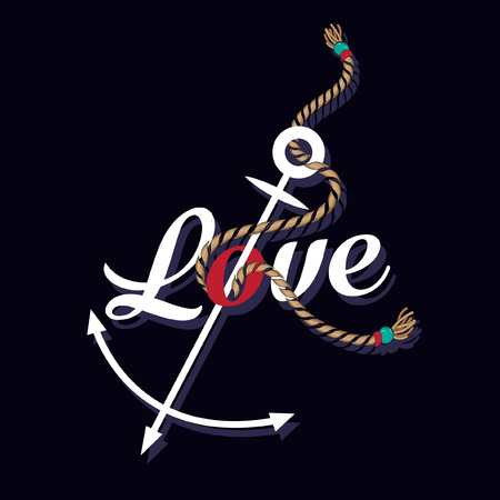 T-shirt graphic print nautical marine anchor in wording love theme the ocean spirit serigraphy stencil cool vector design classic vintage template on navyのイラスト素材