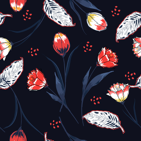 Seamless vector background with colorful outline tulips. Hand drawn illustration with hand painting brush vector in nvay blue backgroundのイラスト素材