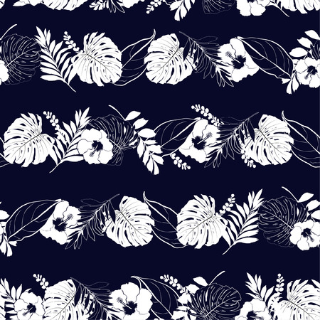 Black and white trendy summer tropical pattern in horizontal stripe line with leaves outline.のイラスト素材