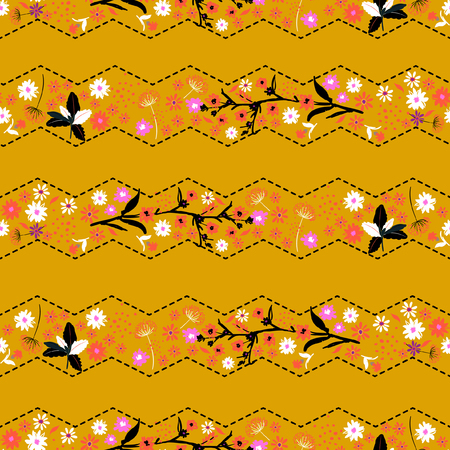 Trendy Retro classic gentle zig zag stripe Liberty flower seamless pattern ,elegant gentle trendy  in small-scale flower. Floral meadow background for textile, fabric, covers, wallpapers, print, gift wrap and scrapbook on yellowのイラスト素材