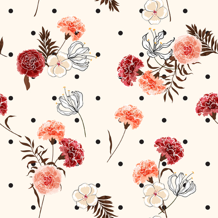 Beautiful trendy and softy blooming carnation flowers seamless pattern vector on pollka dots on summer light pink background for fashion fabric and all prints in hand drawn style.のイラスト素材