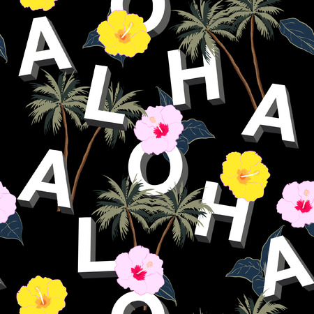 Trendy and Beautiful seamless 3D typography aloha, mix with summer motive pattern on black background.のイラスト素材