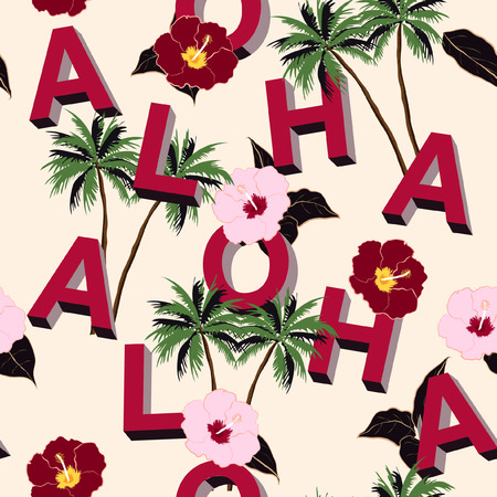 Trendy and Beautiful seamless 3D typography aloha, mix with summer motive pattern on beige background.のイラスト素材