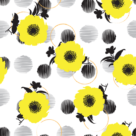 Artistic Hand drawn Summer Blooming flower on hand sketch polka dots background in modern style.のイラスト素材