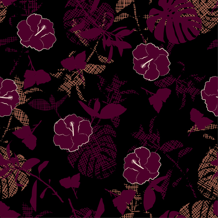 Dark Silhouette purple flowers and botanical on hand line sketch in shape of leaves seamless pattern. Vector for fashion fabric and all prints on black background.のイラスト素材