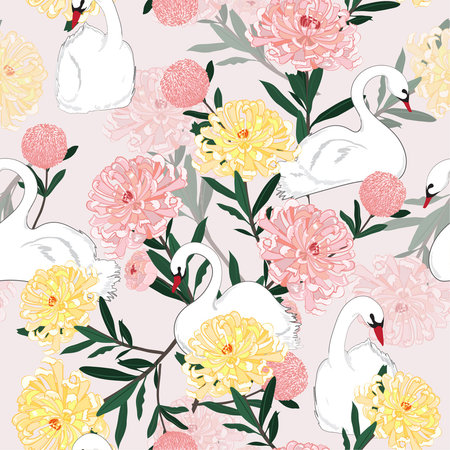 Oriental blooming flowers with white swan patternのイラスト素材