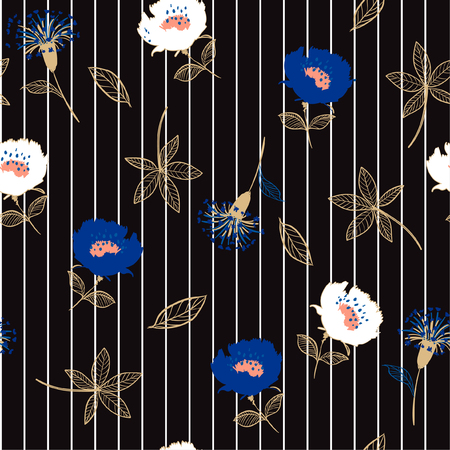 Beautiful Retro Seamless garden flowers  pattern on black and white stripes. Leaves  illustration. Modern graphics. blooming floral,for fashion fabric and all prints hand drawing styleのイラスト素材