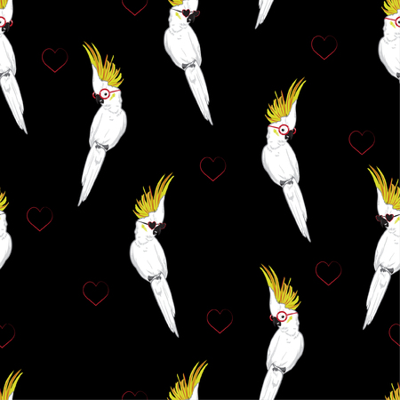 Trendy  Hand drawing white parrot ,macaw bird wearing cute and  sunglasses with heart minimal pattern print in seamless pattern vector on blackのイラスト素材