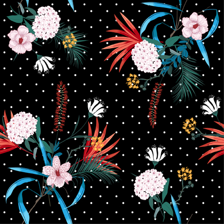 Dark tropical forest and blooming florals mix with trendy small polkadot ,seamless pattern in vector for fashion fabric and all prints on black background.のイラスト素材