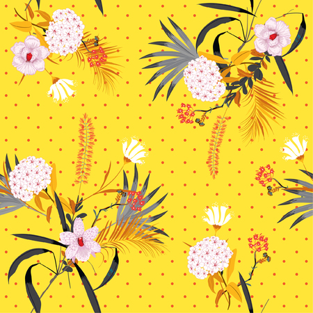Trendy and bright tropical jungle and blooming florals mix with trendy small polkadot ,seamless pattern in vector for fashion fabric and all prints on yellow background.のイラスト素材