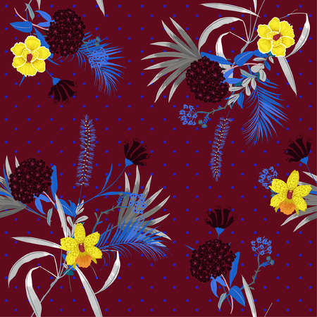 Dark and colorful dark tropical jungle and blooming florals mix with trendy small polkadot ,seamless pattern in vector for fashion fabric and all prints on dark purple background.のイラスト素材