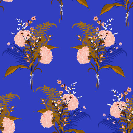 Soft Blooming bouquet flower from many kind of florals seamless pattern vector for fashion fabric and all prints on blue backgroundのイラスト素材