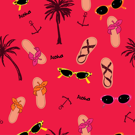 Trendy Fashion vector  beach summer element and accessories on a red  background.,Palm tree, anchor,aloha, sandals, sunglasses,Seamless pattern.のイラスト素材