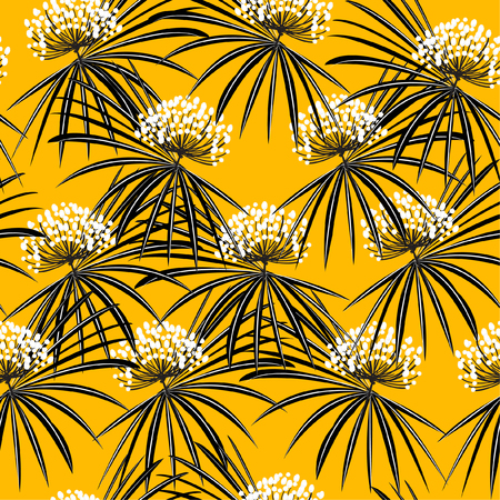 Tropical Palm leaves silhouette on the vivid yellow background and wild flowers  Vector seamless pattern for fashion,fabric and all printsのイラスト素材