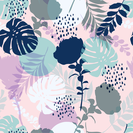 Sweet pastel color bright summer Silhouette Abstract seamless pattern with leaves and flowers Background with flowers vector on modern style on light pinkのイラスト素材