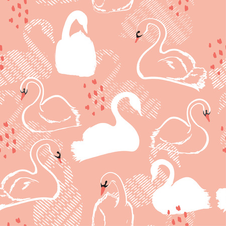 Seamless pattern with white swan princess. Creative hand drawn style on light pink  background. Perfect for all prints  design, fabric, wrapping, wallpaper, textile, apparelのイラスト素材