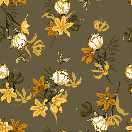 Vintage Seamless pattern vector with tulips flowers. Hand drawing illustration with wild floral for fashion ,fabric, and all prints on brown background colors.のイラスト素材