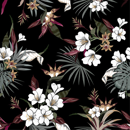 Vector seamless beautiful artistic dark tropical pattern with exotic forest original stylish floral background print, exotic on blackのイラスト素材