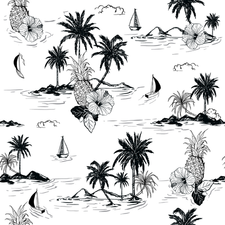 Black and white summer Island hawaiian mood hibiscus flower,plam trees ,ships,coconut tree ,wave in hand drawn style seamless pattern vector for fashion , fabric and all prints on white background.のイラスト素材
