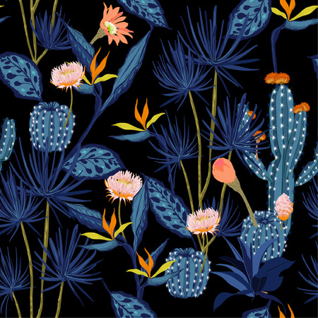 Dark summmer night Seamless pattern vector tropical ,flower,bird of paradise and cactus forest ,hand drawing style for fashion,fabric and all prints on black background.のイラスト素材