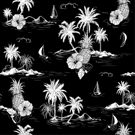 Black and white summer Island hawaiian mood hibiscus flower,plam trees ,ships,coconut tree ,wave in hand drawn style seamless pattern vector for fashion , fabric and all prints on black background.のイラスト素材