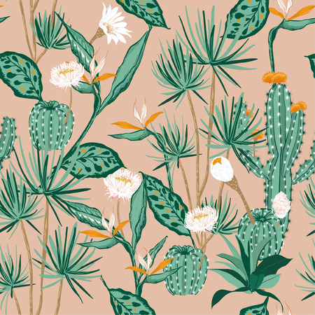 Softy  pastel mood Seamless pattern vector tropical ,flower,bird of paradise and cactus forest ,hand drawing style for fashion,fabric and all prints on light pink background.のイラスト素材