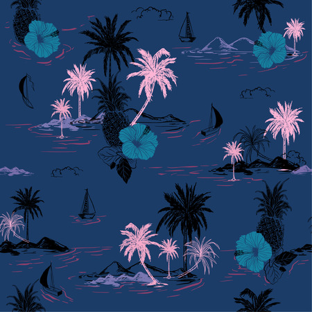 Dark  summer Island hawaiian mood hibiscus flower,plam trees ,ships,coconut tree ,wave in hand drawn style seamless pattern vector for fashion , fabric and all prints on deep ocean blue background.のイラスト素材