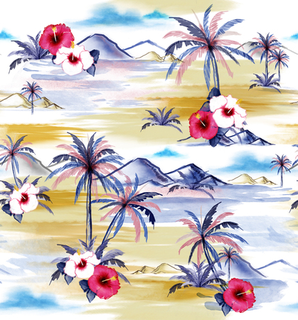 Beautiful hand drawing watercolor painting island hawaiian style seamless pattern for fashion ,fabric and all prints on white color backgroundの写真素材