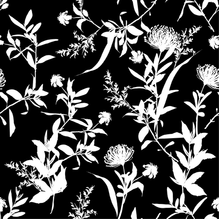 Modern monotone black and white color modern mood silhouette botanical florals with contrast outline seamless pattern vector for fashion fabric and all printsのイラスト素材
